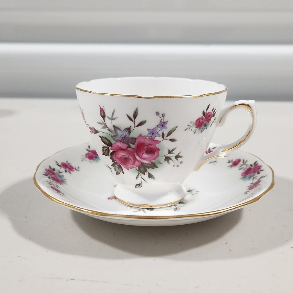 Floral Bone China Teacup & Saucer with Pink Rose Design